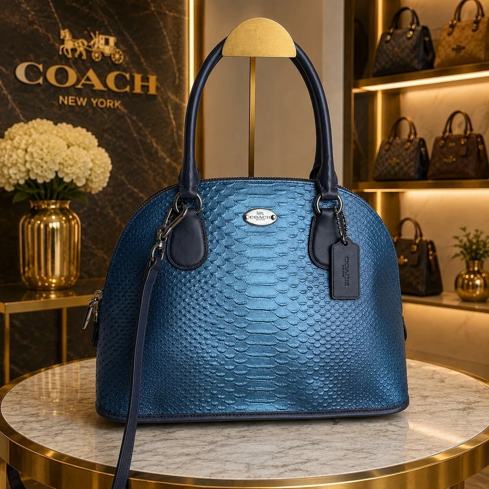 Coach Cora Dome Satchel Bag Metallic Blue Snakeskin Embossed Leather NWT